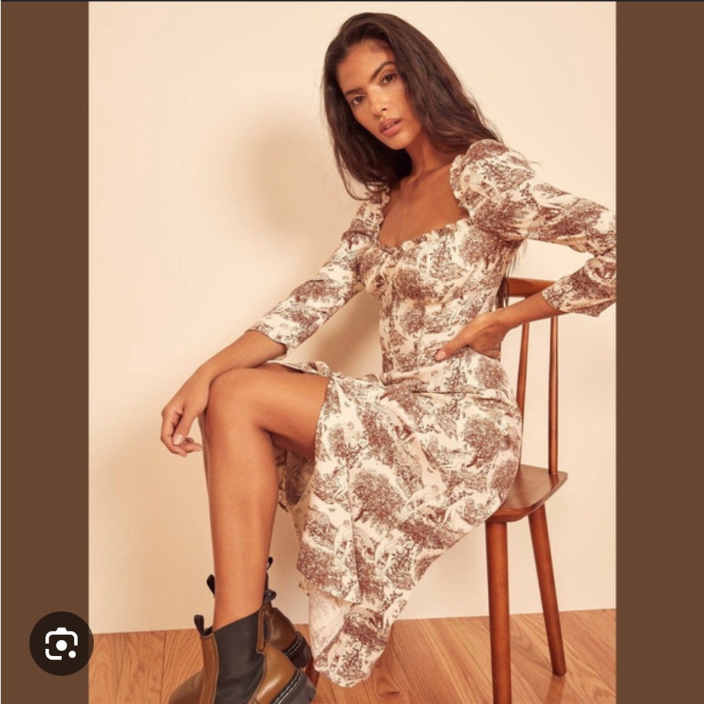 Reformation Fairway Long Sleeve Midi Dress in Toile Rousseau Brown